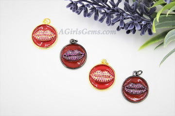 Enamel Pendant Red Lips Charms, CZ Micro Pave Kiss Charms in 18 k Gold/Black Rhodium #31, Round Circle 18 mm Disc *Cute* Red Burgundy *Love*
